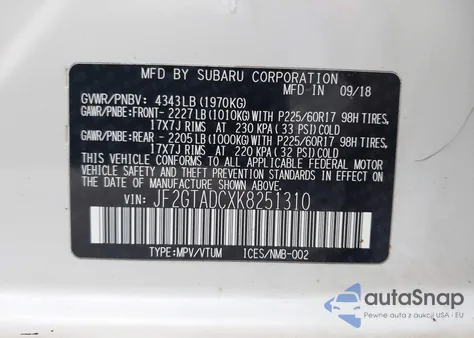 2019 Subaru Crosstrek 2.0I Premium z USA, uszkodzony, nr VIN JF2GTADCXK8251310